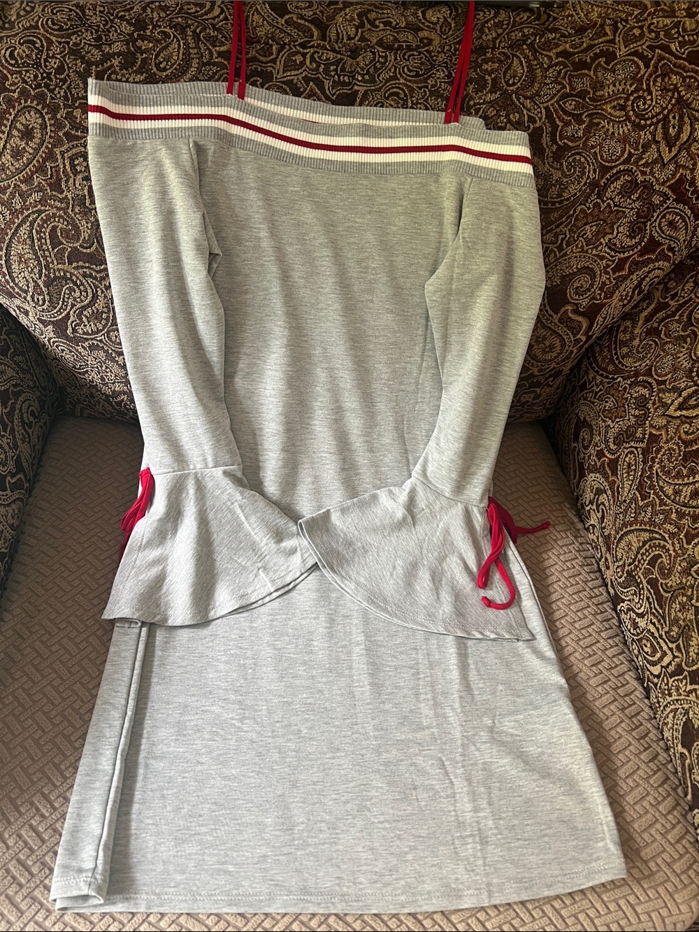 NWOT VENUS Grey Off-Shoulder dress with Red Trim straps for added support.